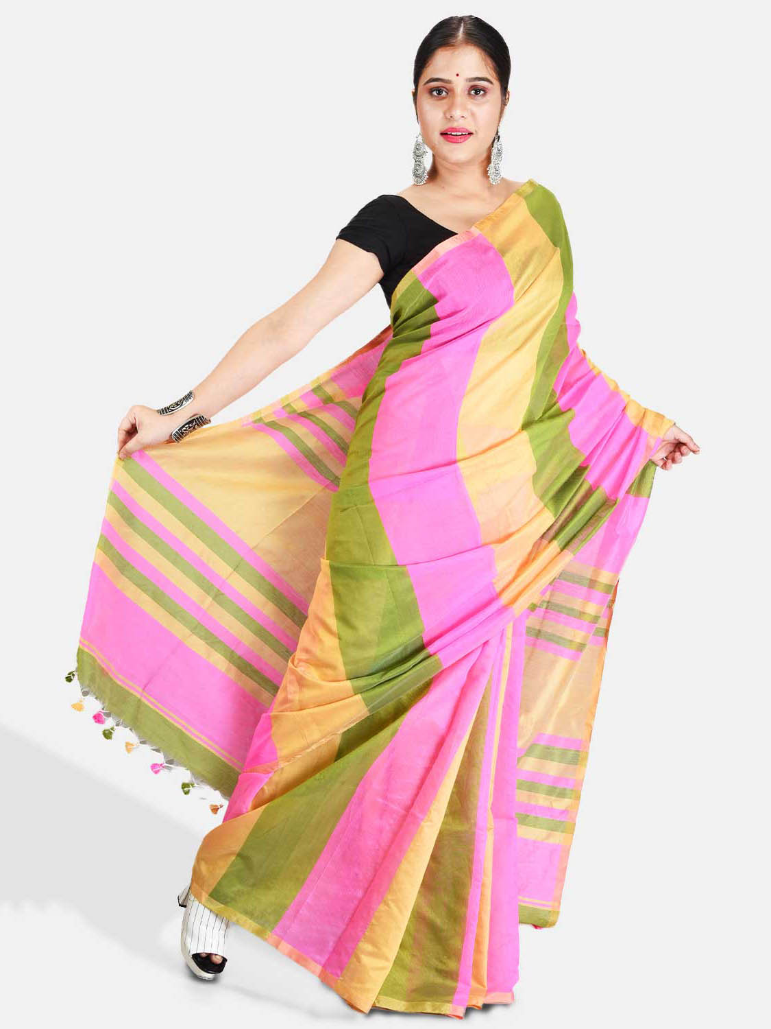 Bengal Soft Khadi Cotton Mix Ghicha Handloom Saree With Blouse Piece (Pink Green Yellow)